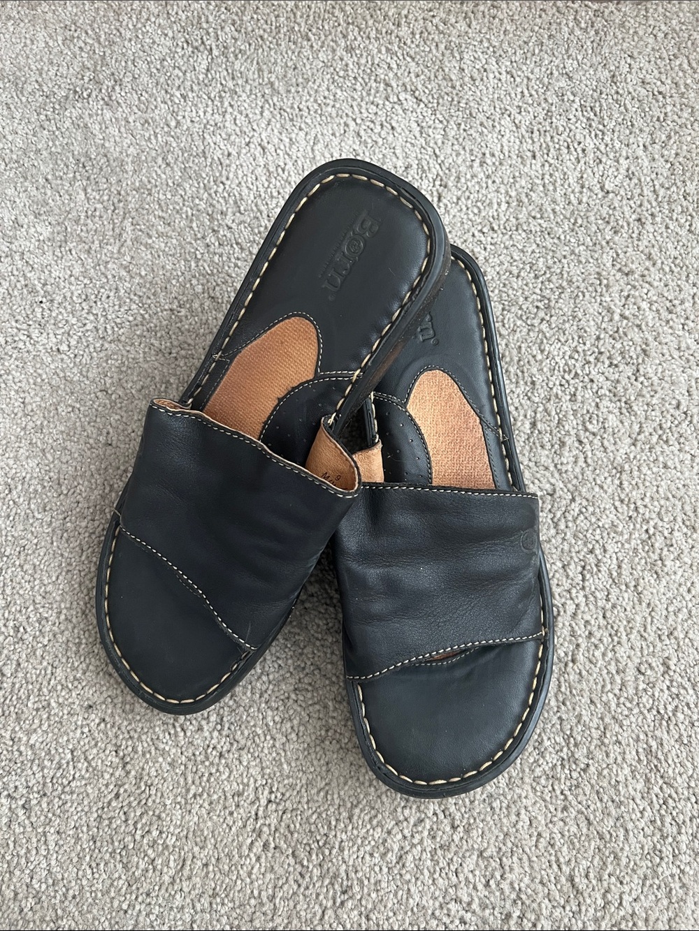 Born Black Leather Slip-On Sandals with Brown Footbed